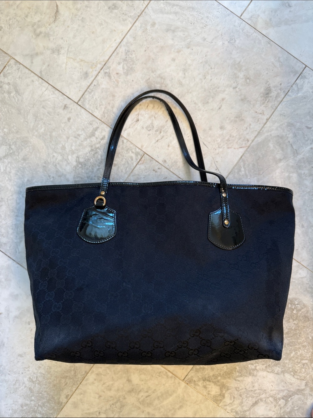 Gucci Black Canvas Tote Bag with Patent Trim
